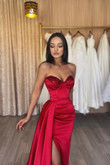 Wine Red Satin Long Prom Dress, Wine Red Strapless Evening Dress with Slit