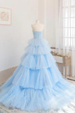 Beautiful Blue Layers Tulle Long Prom Dresses, A-Line Strapless Evening Dresses