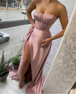 Sexy Pink Satin Long Prom Dress with Leg Slit, Pink Evening Dress