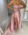Sexy Pink Satin Long Prom Dress with Leg Slit, Pink Evening Dress