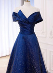 Blue Satin and Tulle Off Shoulder Long Prom Dress, Blue Evening Dress