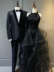 Black Halter Sequins and Tulle Long Party Dress, A-line Black Prom Dress