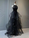 Black Halter Sequins and Tulle Long Party Dress, A-line Black Prom Dress