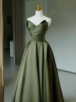 Dark Green Satin V-neckline Floor Length Prom Dress, Dark Green Party Dress