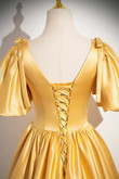A-line Yellow Satin V-neckline Long Prom Dress, Yellow Satin Evening Dress
