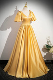 A-line Yellow Satin V-neckline Long Prom Dress, Yellow Satin Evening Dress