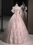 Pink Off Shoulder Sweetheart Lace and Tulle Prom Dress, Pink Party Dress