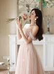 Pink Off Shoulder Tulle Long Formal Dress, Off Shoulder Pink Long Prom Dress