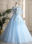 Light Blue Ball Gown V-neckline Puffy Sleeves Party Dress, Light Blue Prom Dress