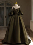 Green Satin A-line Long Prom Dress Party Dress, Green Off Shoulder Evening Dress