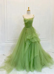 Green Tulle Straps Long Party Dress, Green Tulle Lace Prom Dress