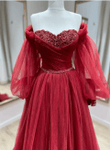 Wine Red Tulle with Puffy Sleeves Long Party Dress, Wine Red Prom Dress