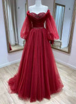 Wine Red Tulle with Puffy Sleeves Long Party Dress, Wine Red Prom Dress