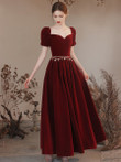 Wine Red Off Shoulder Velvet Long Party Dress, A-line Wine Red Sweetheart Prom Dress