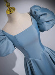 Blue Satin Short Sleeves Long Prom Dress, Blue A-line Party Dress Evening Dress