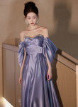 Light Purple Satin Beaded Off Shoulder Prom Dress, Light Purple Evening Dress
