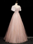 Pink Short Sleeves Tulle Sequins Long Party Dress, Pink Tulle Prom Dress
