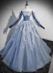 Light Blue Ball Gown Long Sleeves Beaded Party Dress, Light Blue Prom Dress