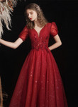 Wine Red Short Sleeves Tulle V-neckline Long Prom Dress, Wine Red Evening Dress