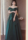 Green Satin Off Shoulder Long Party Dress, Green A-line Chic Prom Dress