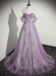 Lavender Tulle A-line Beaded Off Shoulder Party Dress, Lavender Long Formal Dress