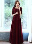 Wine Red Velvet Short Sleeves Long Formal Dress, A-line Wine Red Prom Dress