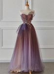 A-line Purple Gradient Tulle Beaded Long Party Dress, Purple Tulle Prom Dress