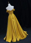 Yellow A-line Simple Satin Off Shoulder Prom Dress, Yellow Satin Formal Dress