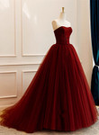 Wine Red Scoop Sweetheart Tulle Ball Gown Prom Dress, Wine Red Tulle Evening Dress