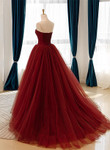 Wine Red Scoop Sweetheart Tulle Ball Gown Prom Dress, Wine Red Tulle Evening Dress