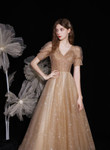 Champagne A-line V-neckline Tulle Short Sleeves Party Dress, Tulle Long Prom Dress