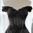 Black A-line Lace Off Shoulder Tulle with Lace Prom Dress, Black Long Evening Dress