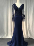 Navy Blue Spandex Long Sleeves Mermaid Evening Dress, Navy Blue Prom Dress