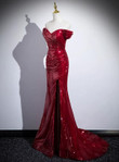 Red Sequins Mermaid Long Off Shoulder Evening Dress, Red Sequins Prom Dress