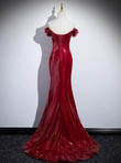 Red Sequins Mermaid Long Off Shoulder Evening Dress, Red Sequins Prom Dress