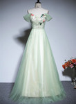 Light Green Tulle Off Shoulder A-line Prom Dress, Light Green Flowers Long Evening Dress