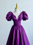 Purple Satin A-line Short Sleeves Long Formal Dress, Purple Evening Dress Prom Dress