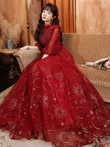 Wine Red Tulle Puffy Sleeves Long Party Dress, Wine Red Long Prom Dress