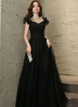 Black Tulle Sweetheart Long Party Dress, Black Beaded Tulle Formal Dress Prom Dress