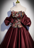 Elegant Burgundy Satin Off Shoulder Evening Dress, Burgundy Prom Dress