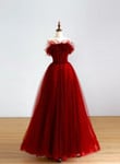 Wine Red Tull A-line Scoop Long Prom Dress, Wine Red Tulle Evening Dress