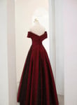 A-line Off Shoulder Wine Red Tulle Long Party Dress, Wine Red and Black Prom Dress
