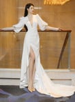 Beautiful White Puffy Sleeves Long Party Dress with Leg Slit, White Wedding Party Dress