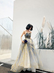 Beautiful Blue A-line Tulle Beaded Long Party Dress, Blue Prom Dress