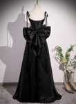 Black Satin Sweetheart Long Prom Dress with Bow, Black Long Evening Dress