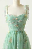 A-line Green Straps Sweetheart Floral Tulle Prom Dress, Green Tulle Evening Dress