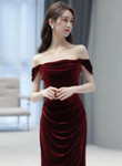 Wine Red Off Shoulder Scoop Long Party Dress, Wine Red Velvet Prom Dress