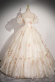 Lovely Floral Beaded Short Sleeves Party Dress, A-line Long Sweet 16 Dress Evening Gown