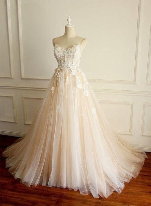 Champagne Tulle Straps Long Party Dress, A-line Prom Dress