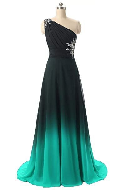 Green and Black Gradient One Shoulder Prom Dress, Long Chiffon Party Dress